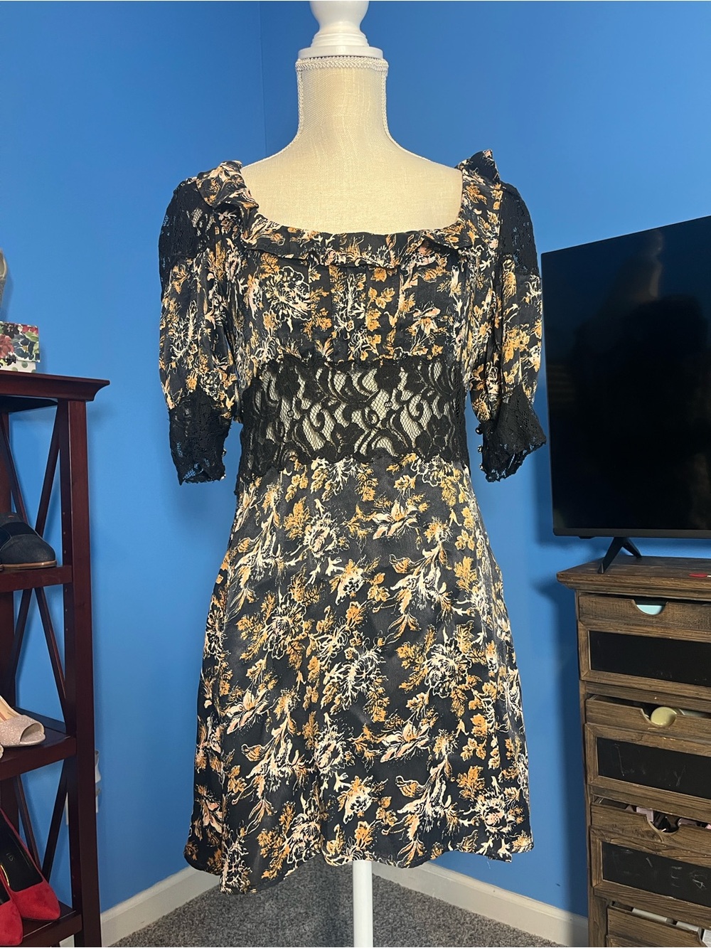 Free People Black Mini Dress with Tan Floral Print and Lace Waistband, Size 2